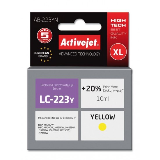 Activejet AB-223YN ink for Brother printer Brother LC223Y replacement Supreme 10 ml yellow