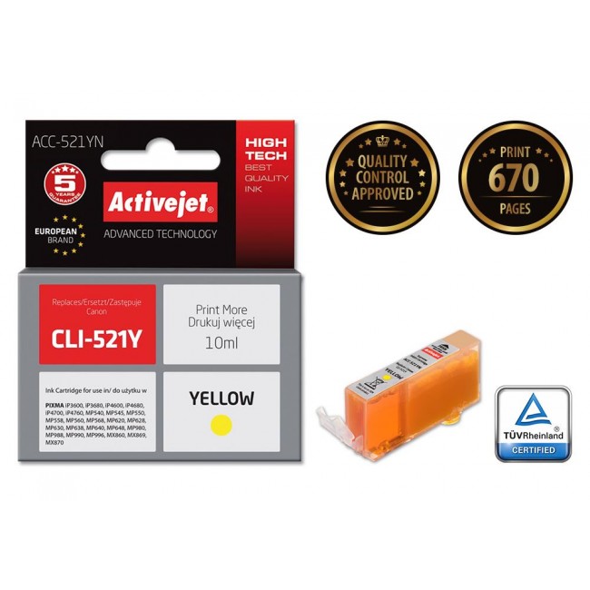 Activejet ACC-521YN Ink cartridge (replacement for Canon CLI-521Y Supreme 10 ml yellow)