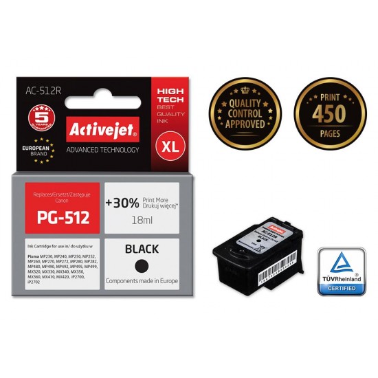 Activejet AC-512R ink for Canon printer Canon PG-512 replacement Premium 18 ml black