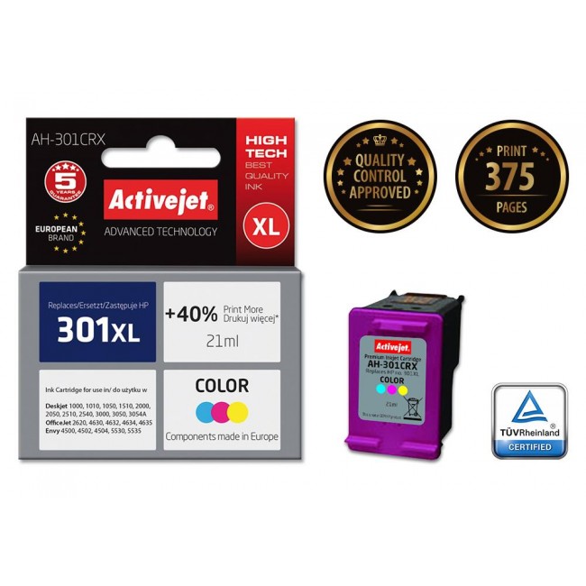 Activejet AH-301CRX HP Printer Ink, Compatible with HP 301XL CH564EE Premium 21 ml colour. Prints 40% more.