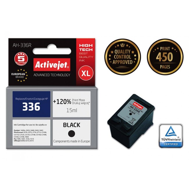 Activejet Ink Cartridge AH-336R for HP Printer, Compatible with HP 336 C9362EE Premium 15 ml black. Prints 120% more.