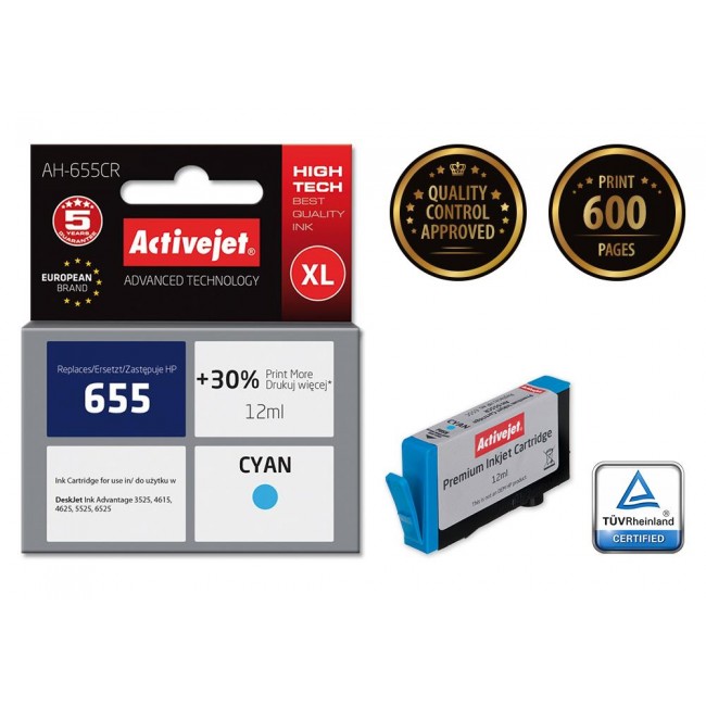 Activejet AH-655CR ink (replacement for HP 655 CZ110AE Premium 12 ml cyan)