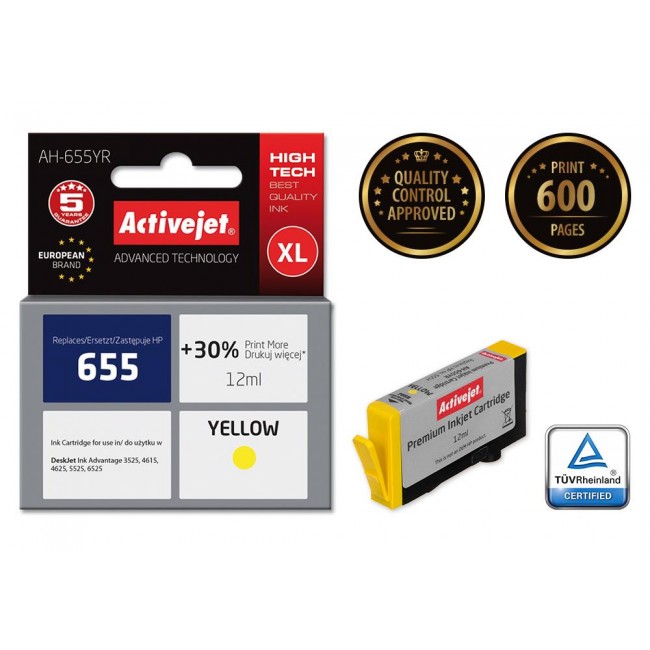 Activejet AH-655YR ink (replacement for HP 655 CZ112AE Premium 12 ml yellow)