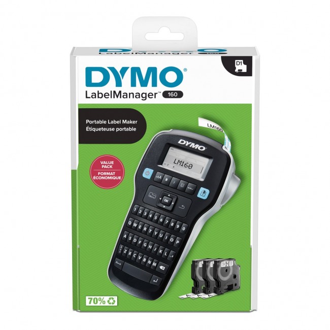 DYMO LabelManager 160 Label Maker Starter Kit with 3 rolls of D1 Label Tape | Handheld Label Printer Machine | QWERTY Keyboard | Ideal for Office or Home