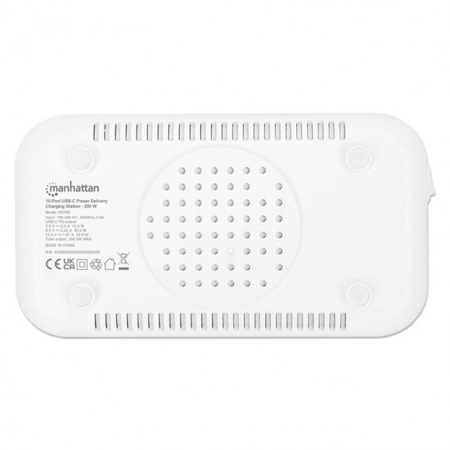 Manhattan 10-port USB-C Charging Station, USB-C Output: 10x 20W, Max 200W, Mains AC power (inc US/EU/UK adapters)