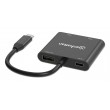 Manhattan USB-C to Dual HDMI and USB-A Adapter, Dual 4K@30Hz or Single 4K@60Hz, USB 2.0 USB-A Port (480 Mbps), Up to 100W USB-C Power Delivery Pass-Through, 15cm Cable, Black, Three Year Warranty
