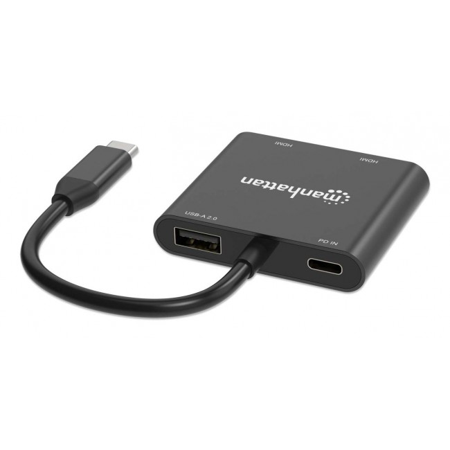 Manhattan USB-C to Dual HDMI and USB-A Adapter, Dual 4K@30Hz or Single 4K@60Hz, USB 2.0 USB-A Port (480 Mbps), Up to 100W USB-C Power Delivery Pass-Through, 15cm Cable, Black, Three Year Warranty