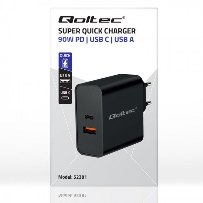 Qoltec Super Quick PD Charger | 1xUSB-C | 1xUSB | 90W | 5-20V | 2.4-4.35A | Black