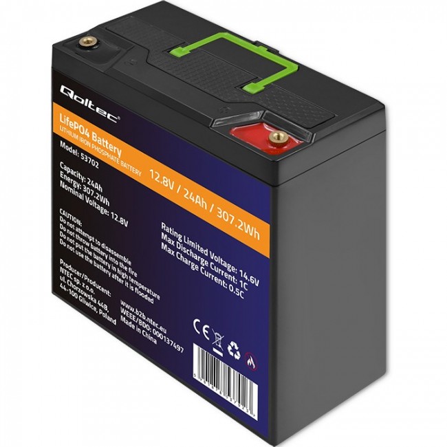 Qoltec 53702 LiFePO4 lithium iron phosphate battery | 12.8V | 24Ah | 307.2Wh | BMS