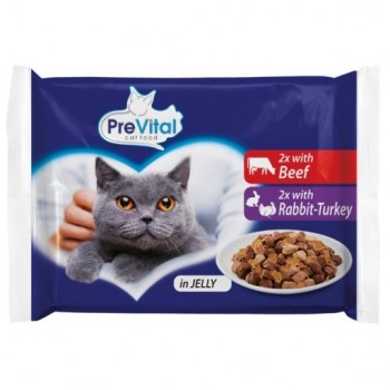 PREVITAL Beef and rabbit with turkey in jelly wet cat food 4 x 100g