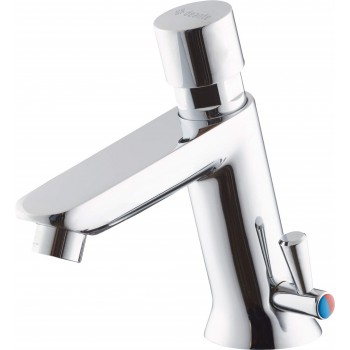 Timed washbasin mixer with temperature control - without closing the drain