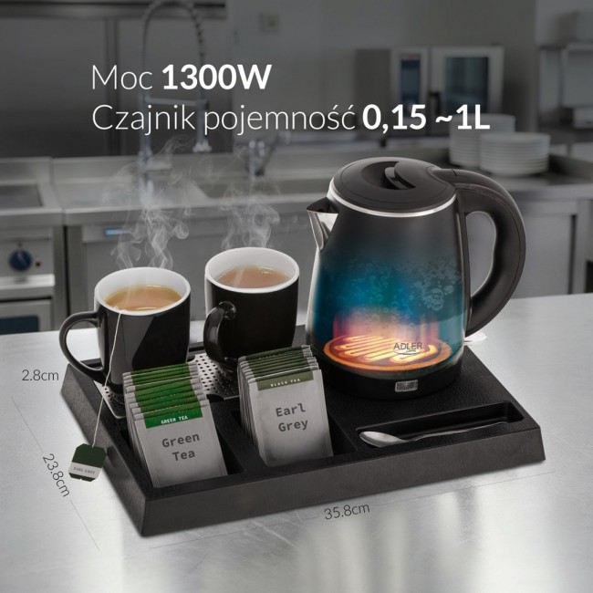 Adler AD 1387 Hotel kettle stainless steel 1 L + tray with cups black