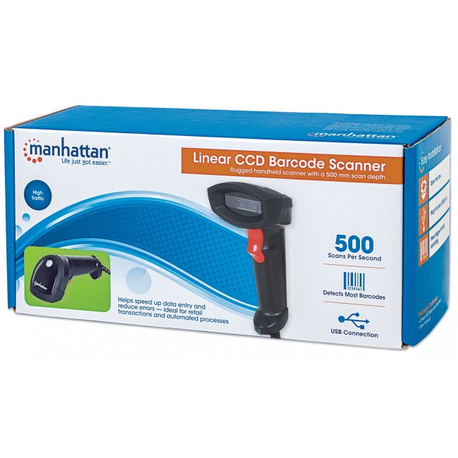Manhattan Linear CCD Handheld Barcode Scanner, USB, 500mm Scan Depth, IP54 rating, Cable length 1.5m, Max Ambient Light 100,000 lux (sunlight), Black, Three Year Warranty