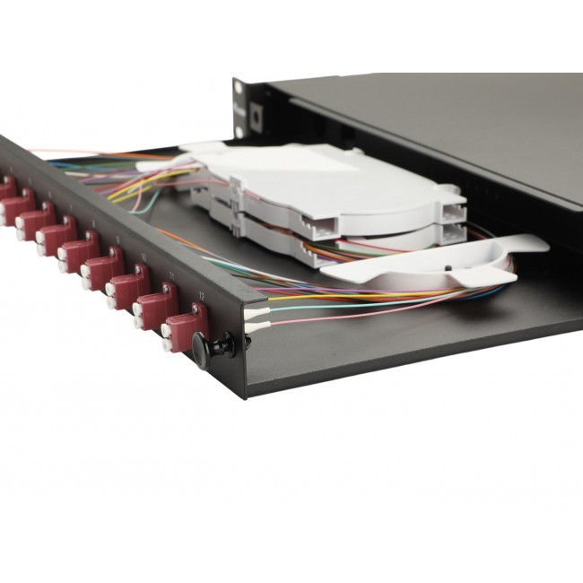 Equip 12-Port Fiber Optic Splice Box, LC Duplex,OM4, 1U, Equipped, Black