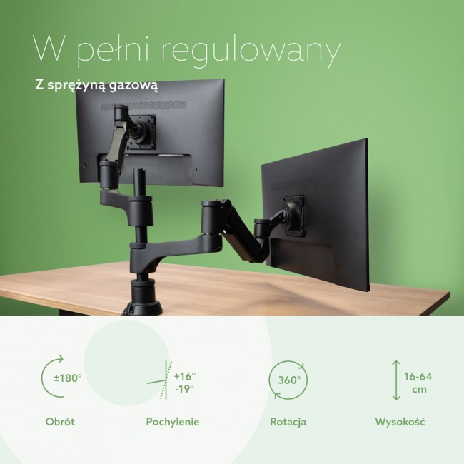 R-Go Tools Monitor arm R-Go Caparo Dual, for two monitors, adjustable with gas spring, 3-9 kg load capacity, 100% circular, black