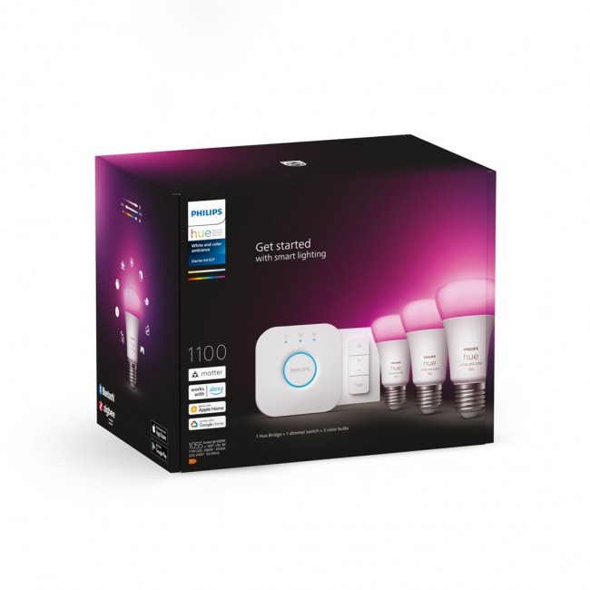 Philips Hue White and colour ambience Starter kit: 3 E27 smart bulbs (1100) + dimmer switch Philips Hue White and colour ambience Starter kit: 3 E27 smart bulbs (1100) + dimmer switch
