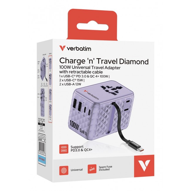 Verbatim Charge 'n' Travel 100W Universal Travel Adapter with retractable cable Purple