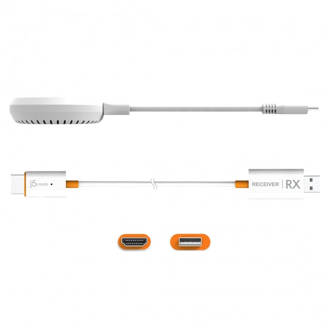 j5create JVAW62 ScreenCast USB-C Wireless Display HDMI Extender, White and Orange j5create JVAW62 ScreenCast USB-C Wireless Display HDMI Extender, White and Orange