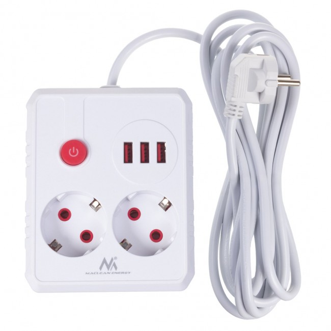 Maclean power strip, extender 2 sockets + 3xUSB, 110-240V AC 50/60Hz, 2.1A max 2500W, 3 m, white, MCE388 W Maclean power strip, extender 2 sockets + 3xUSB, 110-240V AC 50/60Hz, 2.1A max 2500W, 3 m, white, MCE388 W