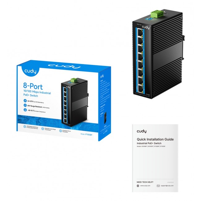 Cudy 8-Port 10/100M Industrial PoE Switch Unmanaged Gigabit Ethernet (10/100/1000) Power over Ethernet (PoE) Black