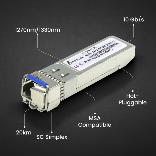 Extralink SFP+ WDM Module SFP+ 10G 10Gbps 1270/1330nm, single mode, 20km, LC, DOM, pair