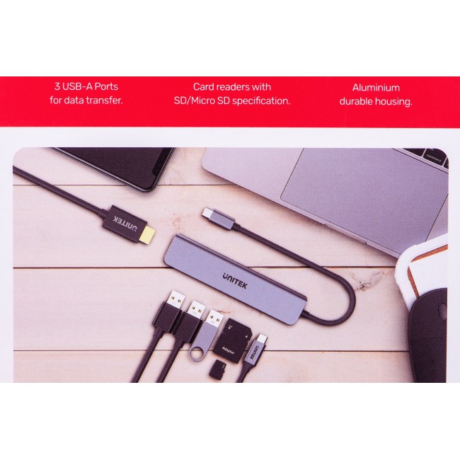 UNITEK HUB USB-C H1118A USB-A x3, USB-C, HDMI, SD, microSD UNITEK HUB USB-C H1118A USB-A x3, USB-C, HDMI, SD, microSD