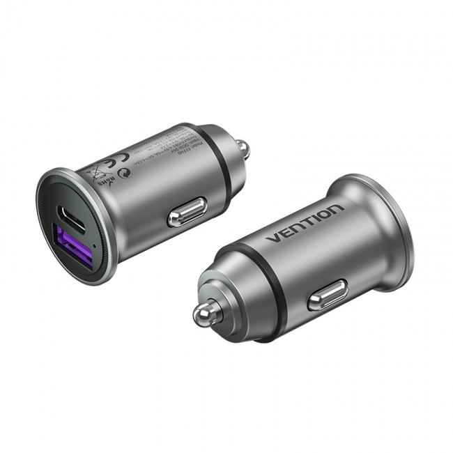 Vention Two-Port USB A+A(30+30) Car Charger Gray Mini Style Aluminium Alloy Type Vention Two-Port USB A+A(30+30) Car Charger Gray Mini Style Aluminium Alloy Type
