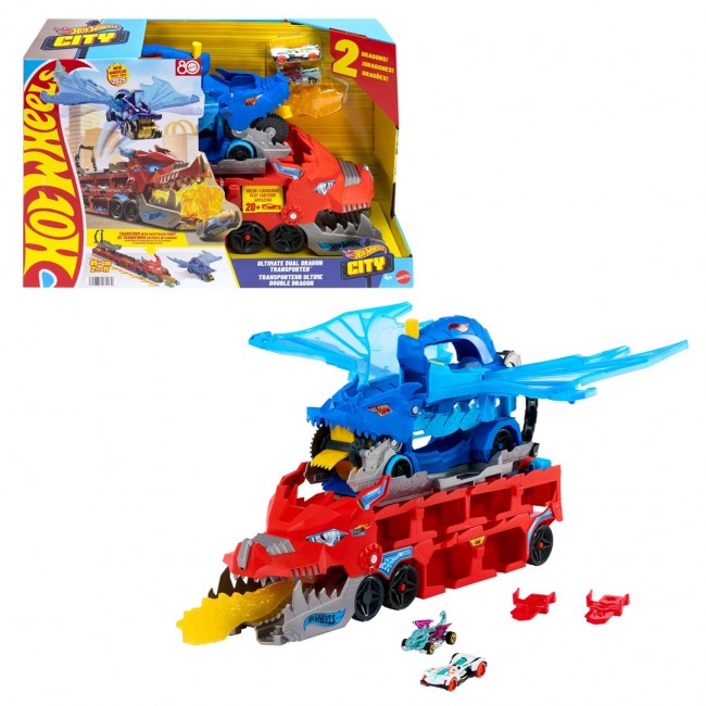 Hot Wheels City Ultimate Dual Dragon Transporter & 2 1:64 Scale Toy Cars Hot Wheels City Ultimate Dual Dragon Transporter & 2 1:64 Scale Toy Cars