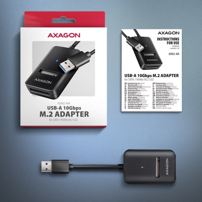 Axagon ADM2-AM USB-A 10Gbps - M.2 NVMe & SATA SSD adapt r, kabelis USB-A 10cm SSD enclosure Black