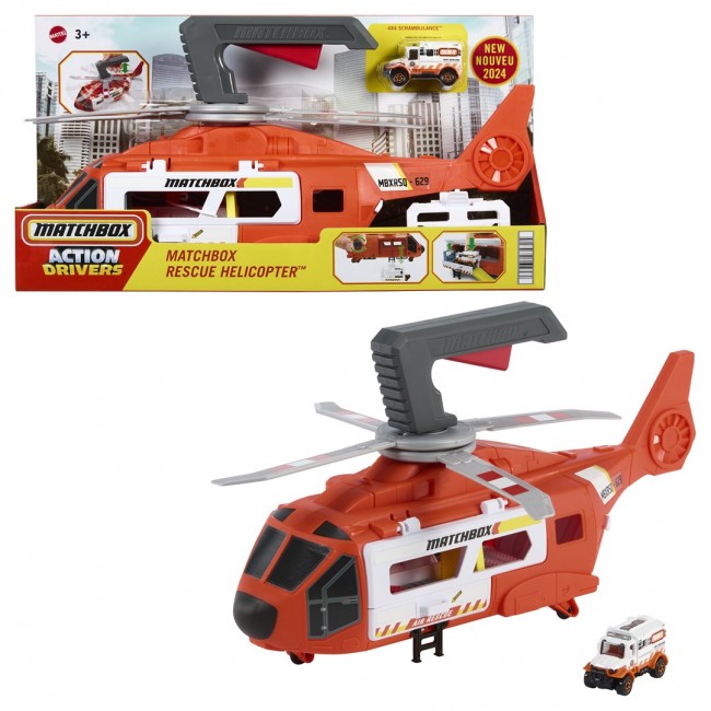 Matchbox Action Drivers Rescue Helicopter,16-In Large-Scale Helicopter with 1:64 Scale Die-Cast Toy Ambulance