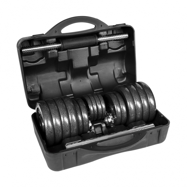 REBEL ACTIVE Adjustable dumbbells in a case 30 kg with a bar