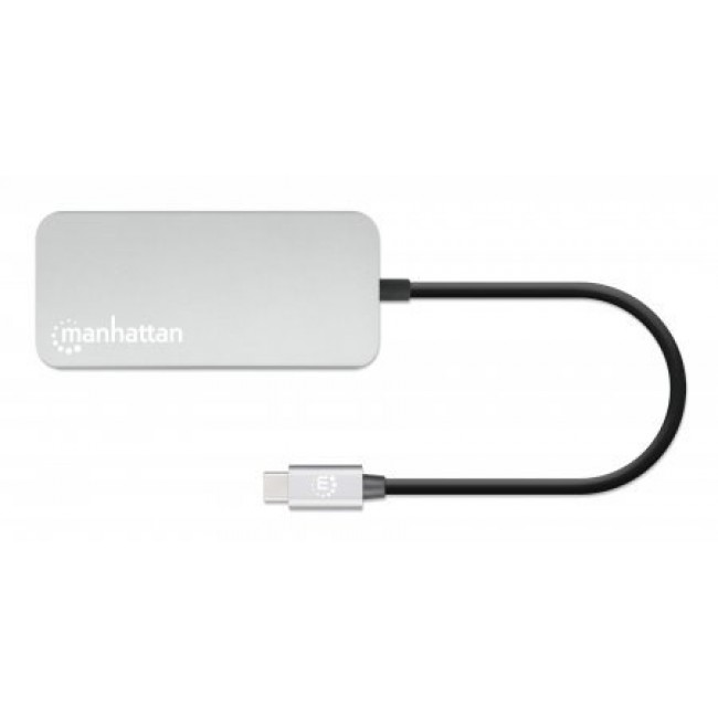 Manhattan USB-C Dock/Hub with Card Reader, Ports (x6): Ethernet, HDMI, USB-A (x3) and USB-C, With Power Delivery (100W) to USB-C Port (Note additional USB-C wall charger and USB-C cable needed), Universal for all devices, Cable 15cm, Aluminium, Silver