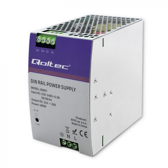 Qoltec Industrial Din Rail Power Supply | 480W | 24V | 20A Qoltec Industrial Din Rail Power Supply | 480W | 24V | 20A
