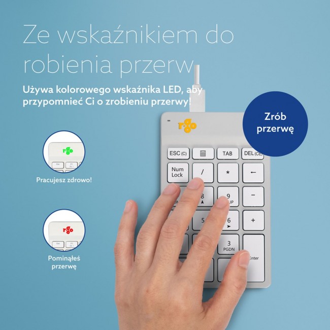 R-Go Tools Numeric keypad R-Go Numpad Break, ergonomic numeric keypad with break software, wired, white
