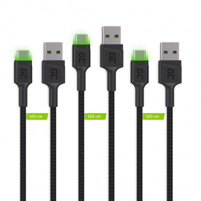 Green Cell Set 3x Ray USB-C 120cm Cable with green LED backlight, fast charging Ultra Charge, QC 3.0 Green Cell Set 3x Ray USB-C 120cm Cable with green LED backlight, fast charging Ultra Charge, QC 3.0