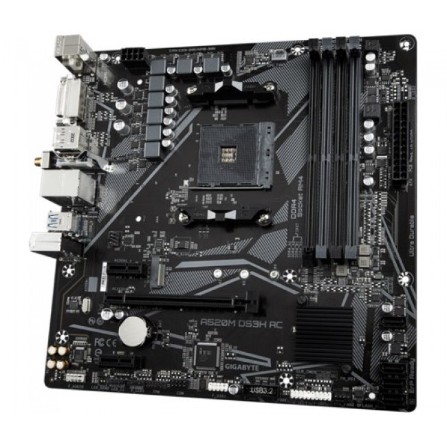 GIGABYTE A520M DS3H AC Motherboard - AMD Ryzen 5000 Series CPUs, 5+3 Phases VRM, up to 4733MHz DDR5 (OC), 1xPCIe 3.0 M.2, GbE LAN, WIFI 5, USB 3.2 Gen 1