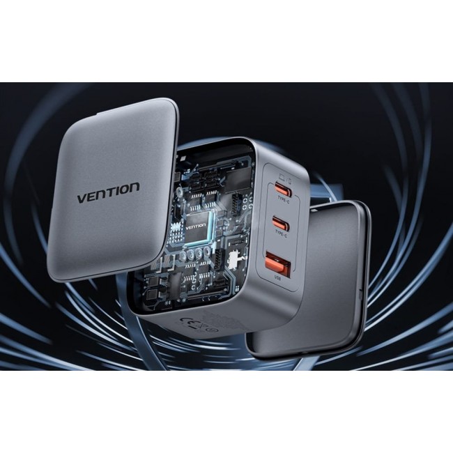 Vention 70W GaN PD Charger 1x USB-A 2x USB-C BK Vention 70W GaN PD Charger 1x USB-A 2x USB-C BK