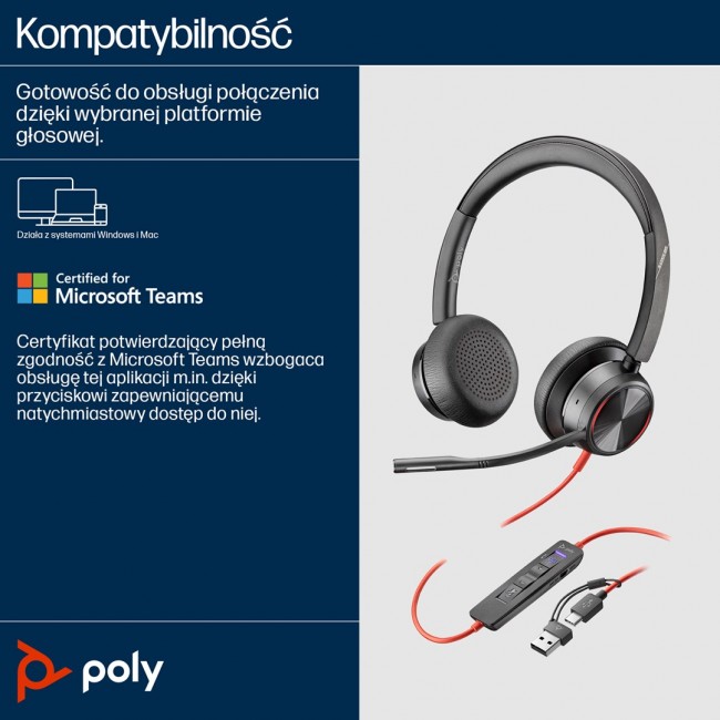 POLY Blackwire 8225 Stereo Microsoft Teams Certified USB-C Headset +USB-C/A Adapter POLY Blackwire 8225 Stereo Microsoft Teams Certified USB-C Headset +USB-C/A Adapter