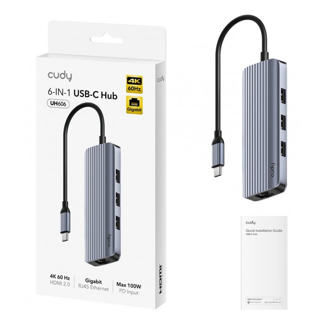Cudy UH606 laptop dock/port replicator Wired USB 3.2 Gen 1 (3.1 Gen 1) Type-C Grey, Silver