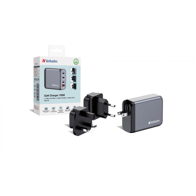 Verbatim GNC-100 GaN Charger 4 Port 100W USB A/C (EU/UK/US)
