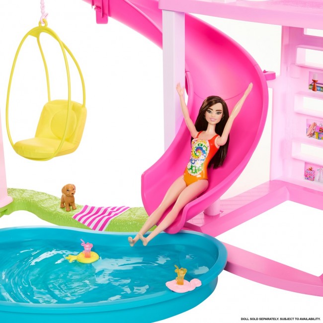 Barbie Dreamhouse Adventures Dreamhouse, 75+ Pieces, Pool Party Doll House with 3 Story Slide