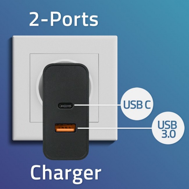 Qoltec Super Quick PD Charger | 1xUSB-C | 1xUSB | 90W | 5-20V | 2.4-4.35A | Black