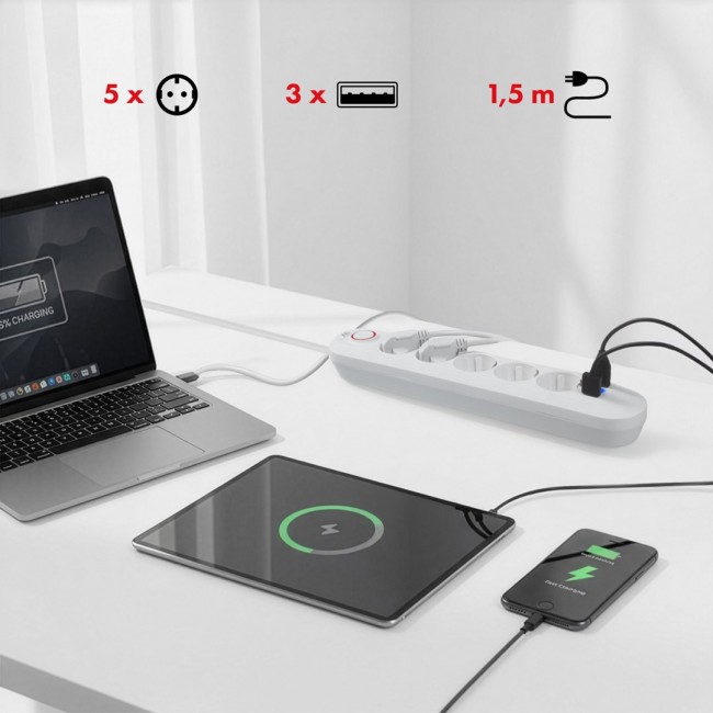 Maclean power strip, 5 socket extension + 3xUSB, 110-240V AC 50/60Hz, 2.1A max 2500W, 1.5m, white, MCE395 W Maclean power strip, 5 socket extension + 3xUSB, 110-240V AC 50/60Hz, 2.1A max 2500W, 1.5m, white, MCE395 W