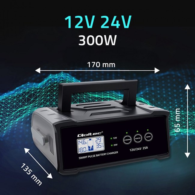 Qoltec Inteligentna mikroprocesorowa adowarka 12V 24V 25A| Prostownik z funkcją naprawy do akumulatora AGM GEL SLA | LCD