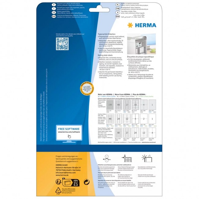 HERMA Rating plate labels A4 96x50.8 mm silver extra strong adhesion film matt 250 pcs. HERMA Rating plate labels A4 96x50.8 mm silver extra strong adhesion film matt 250 pcs.