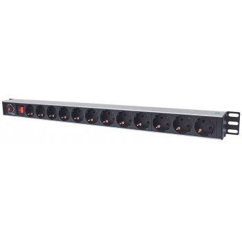 Intellinet Vertical Rackmount 12-Output Power Distribution Unit (PDU), EU CEE 7/3 Outlets, With On/Off Switch and Overload Protection, Built-in 1.8m Power Cord with EU CEE 7/4 Plug