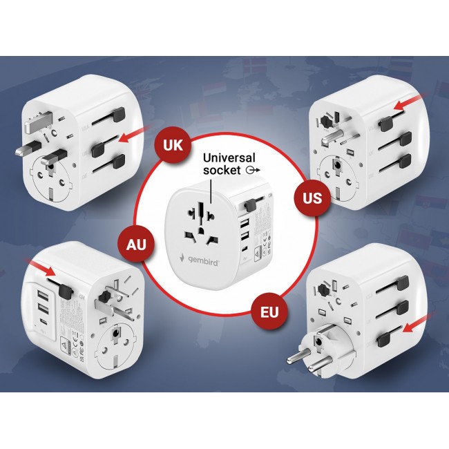 Gembird TPA-EU2A1C15-01-W Grounded universal travel power adapter, 15 W, white Gembird TPA-EU2A1C15-01-W Grounded universal travel power adapter, 15 W, white