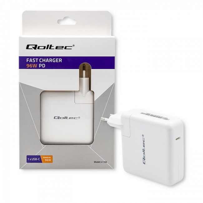 Qoltec 96W FAST Wall Charger | 5-20V | 3- 4.7A | USB C PD | Laptop | Smartphone | White