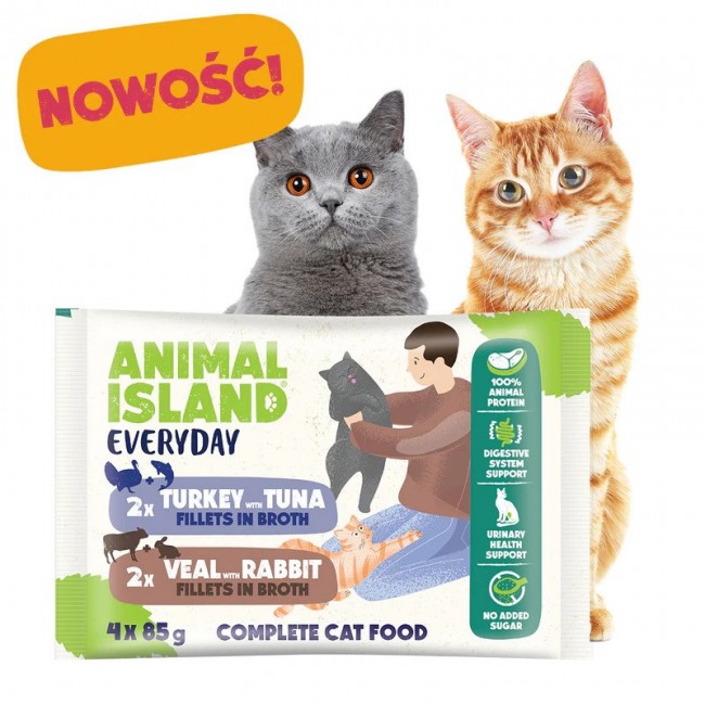 ANIMAL ISLAND Veal / Rabbit & Turkey / Tuna Fillets in broth - wet cat food - 4x85g