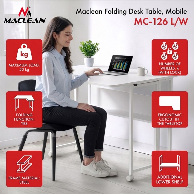 Maclean Folding Desk/Table, White, Mobile, 100x73 cm, max. 50 kg, Corner, L-Shaped, MC-126 L/W